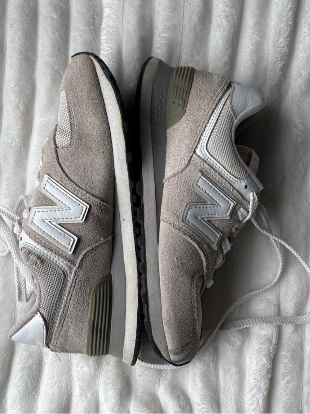 New Balance Beige and White Suede Running Sneakers